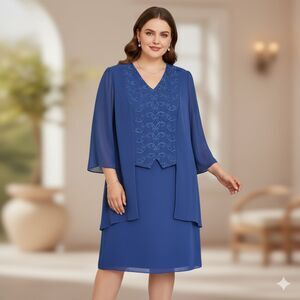 Benee Lori Ann 16 Blue Chiffon Layered Embroidered A-Line Midi Dress Modest VTG